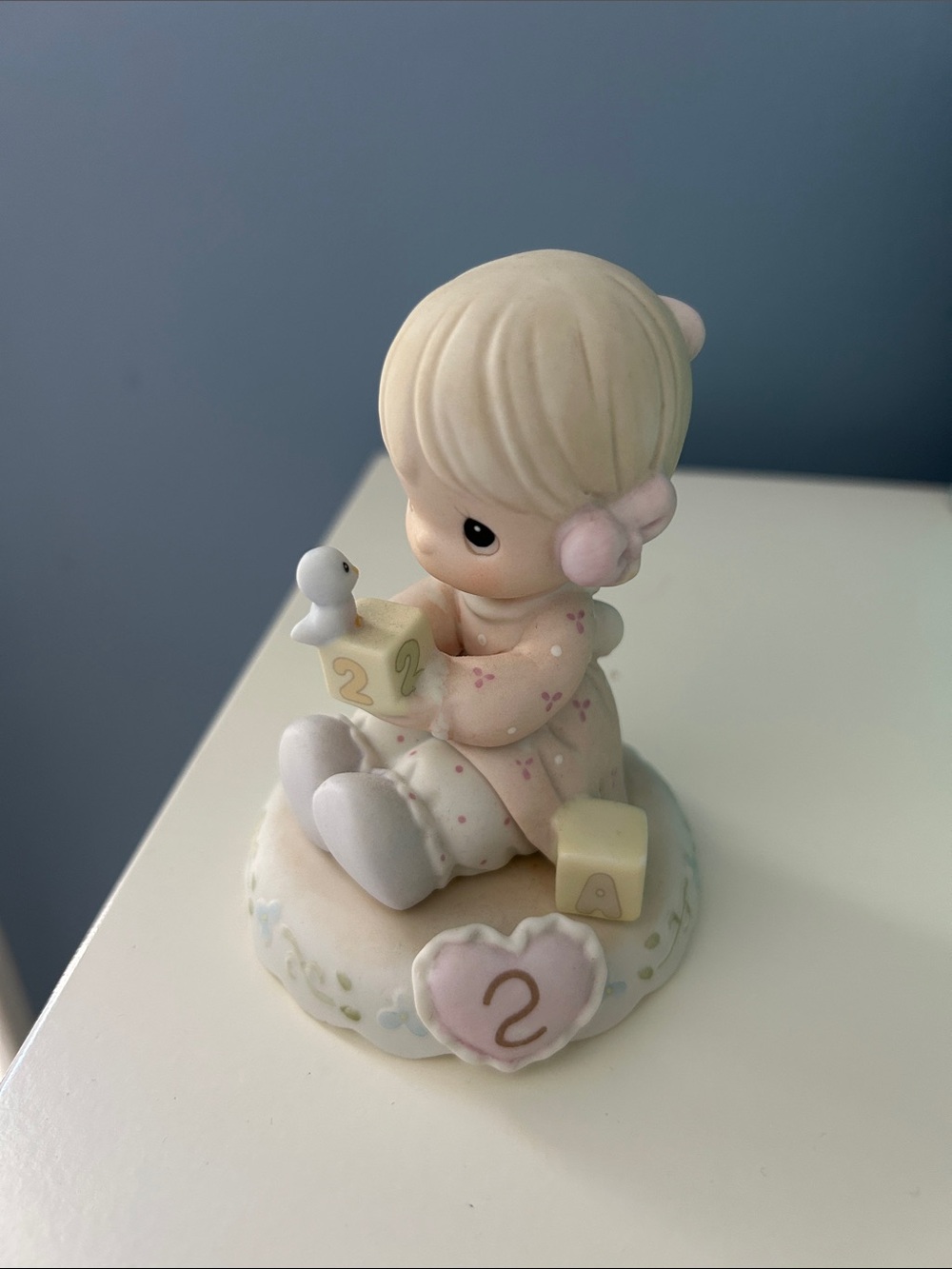 Precious Moments Cream and Pink Baby Figurine with Blocks
